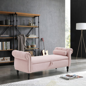 Aijia 63\" Pink Velvet Rectangular Chaise Lounge Stool Multifunctional Storage Tufted Nailhead Trim Solid Wood Legs 1 Pillow