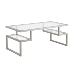 HMS 45 Convertible Silver Glass Steel Coffee Table Two Shelves Tempered Glass Top Farmhouse Style Side for Tea for Living Room