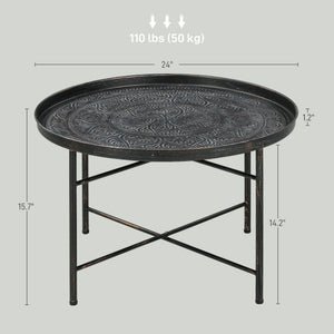 24\" Round Hammered Tray Top Coffee Table with Metal Frame Cafe Table for Living Room and Bedroom in Pewter