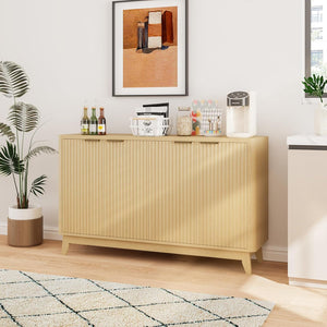 Natural Oak Fluted Sideboard Buffet Cabinet 4-Door Credenza Storage Cabinet Entryway Console Table Accent Coffee Bar
