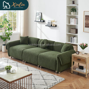 Free Shipping Modern 112-Inch Orange Teddy Velvet Fabric with 3 Wooden Pillows for Three-Seat Sofa in Living Room