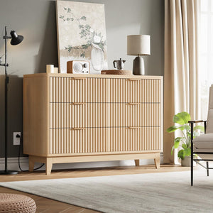 Modern Natural Oak Fluted 6-Drawer Dresser Power Outlet Curved Profile Design for Bedroom Clothing Storage TV Stand Closet