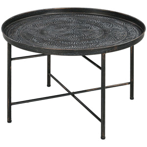 24\" Round Hammered Tray Top Coffee Table with Metal Frame Cafe Table for Living Room and Bedroom in Pewter