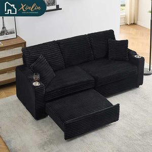 Free Shipping US 80-inch Two-in-one Pull-out, Foldable and Hidden Chaise Longue Corduroy Sofa With Cup Holders and Pillows