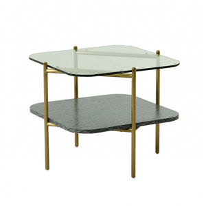 HMS 20\" Gold and Clear Glass Metal Square TV Stand with Shelf Elegant End Table with Storage