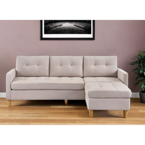 HMS 87 Beige Polyester Blend Chesterfield L-Shape Sofa Set for Home Living Rooms with Ottoman & Natural Legs