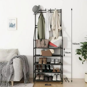 5-Tier Narrow Entryway Shoe Rack with 8 Hooks Cozy Coat and Shoe Storage Solution