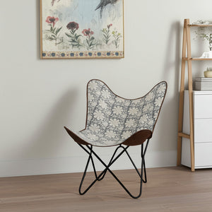 HMS 30\" Blue and Cream Floral Butterfly Chair Elegant Canvas Living Room Furniture