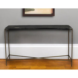 HMS 48\" Rustic End Table Black Gold Stone Frame Console for Living Room Bedroom Hotel Accent Wood Glass for Decorative Use