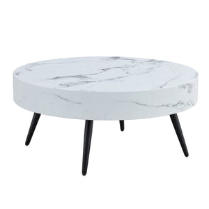 31.5 White Marble-Patterned MDF Round Coffee Table with Black Metal Feet FCJ Design