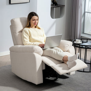 Cream Single Sofa Recliner Chair Wide Swivel Rocker with Pocket Spring Footrest Quick Assembly Overstuffed Comfortable Design