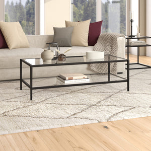 HMS 54\" Modern Simple Living Room Furniture Black Tempered Glass and Steel Coffee Table with Shelf Farmhouse Style