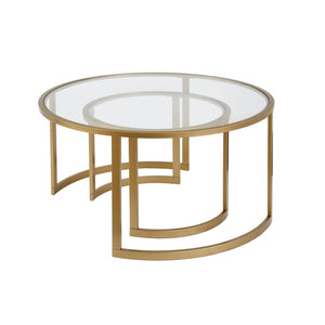 Set of Two Round Gold Glass and Steel Nested Coffee Tables HMS Style