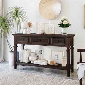Classic Retro Style Espresso Console Table with Three Top Drawers and Open Bottom Shelf Easy Assembly