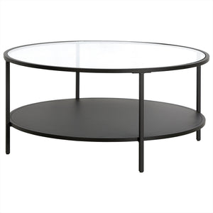 HMS 36\" Farmhouse Style Round Coffee Table with Black Steel Frame Tempered Glass Top Featuring Shelf for Living Room Furniture