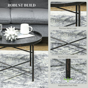 24\" Round Hammered Tray Top Coffee Table with Metal Frame Cafe Table for Living Room and Bedroom in Pewter