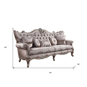 HMS 94 2-Seater Genuine Leather Sofa Toss Pillows Dark Gray Imitation Silk Damask Champagne Legs Extendable for Apartment Use