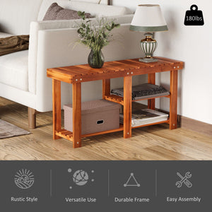 3-Tier Acacia Wood Shoe Storage Bench with Teak Finish for Hallway Shoe and Boot Organizer