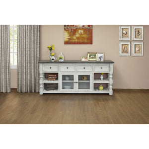 HMS 81 Ivory Solid Wood Open Shelving Distressed TV Stand Handcrafted with Distinctive Distress Finish