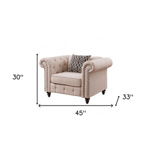 HMS 45 Beige and Black Linen Tufted Chesterfield Chair with Toss Pillow Elegant Living Room Furniture