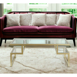 HMS 45\" Gold Glass and Steel Coffee Table for Living Room Rectangular Tempered Glass Top with Two Shelves
