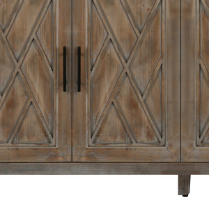 HMS 60\" Natural and Brown Distressed Geometric Carved Sideboard with Four Doors Elegant Living Room Cabinets