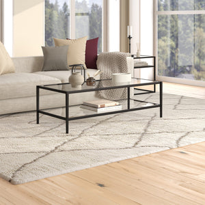 HMS 54\" Modern Simple Living Room Furniture Black Tempered Glass and Steel Coffee Table with Shelf Farmhouse Style