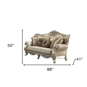 hms 88" Champagne Velvet Curved Floral Sofa And Toss Pillows