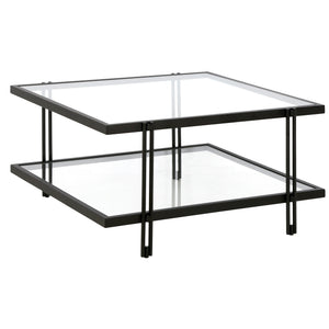 HMS 32\" Clear and Black Glass and Steel Square Coffee Table with Shelf