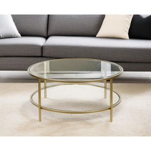 HMS 36\" Round Coffee Table with Gold Glass Top Steel Frame Tempered Sintered Stone Shelf for Living Room Entry Luxury Furniture