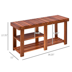 3-Tier Acacia Wood Shoe Storage Bench with Teak Finish for Hallway Shoe and Boot Organizer