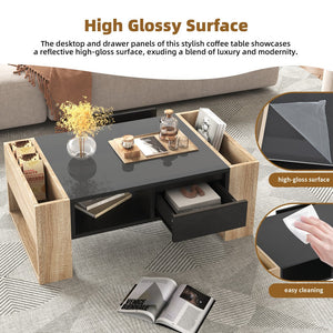 High Glossy Coffee Table with 2 Drawers, Practical Two Tone Center Table with Hidden Compartments, Rectangle Cocktail Table