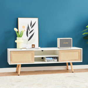 55.12" Rattan TV cabinet, double sliding doors for storage, adjustable shelf, solid wood legs, TV console for living room , Whit