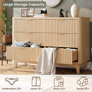 Modern Natural Oak Fluted 6-Drawer Dresser Power Outlet Curved Profile Design for Bedroom Clothing Storage TV Stand Closet