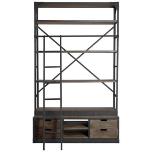 HMS 94 Four Tier Ladder Bookcase Brown Metal and MDF Wood for Home Office or Living Room Book Storage Furniture
