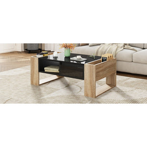High Glossy Coffee Table with 2 Drawers, Practical Two Tone Center Table with Hidden Compartments, Rectangle Cocktail Table