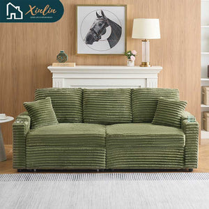 Free Shipping US 80-inch Two-in-one Pull-out, Foldable and Hidden Chaise Longue Corduroy Sofa With Cup Holders and Pillows