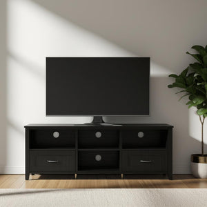 HMS 70 Black MDF Wood TV Stand Contemporary Design Enclosed and Open Storage TV Console for Living Room or Farmhouse Use