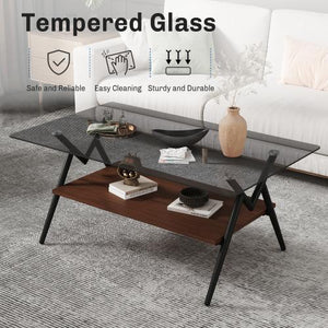 Modern Rectangle Coffee Table Tempered Glass Top Black MDF Shelf Convertible Design for Living Room Entry Scandinavian Style