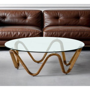 HMS 45 Clear and Brown Glass Round Abstract Solid Wood Coffee Table