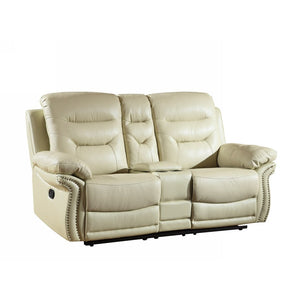 75" Modern Beige Manual Reclining Love Seat Extendable Feature Genuine Synthetic Leather Upholstery Massage Storage Included