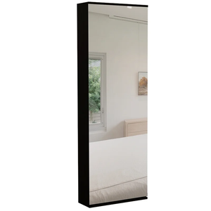 HMS Stylish Black Wengue Wall-Mounted Shoe Rack Cabinet Space-Saving Home Furniture with Mirror