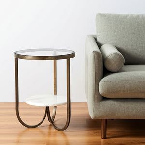 HMS 24\" White Glass Round End Table European Style Tea Table for Living Room Home Furniture with Wooden Base