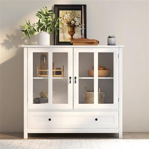 Double Glass Door Buffet Storage Cabinet with Unique Bell Handle for Living Room