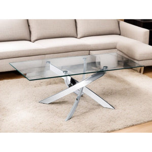 HMS 47\" Clear and Silver Glass Coffee Table with Steel Cross Legs