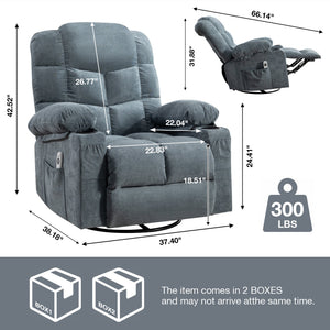 Oversized 2-Cup Holders USB Charge Port Modern Soft Features Manual Massage Heat Grey Blue Rocking Chair for Adults for Massage