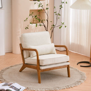 Single Indoor Lounge Chair with Oak Armrests Oak Upholstered Off-White for Living Room