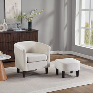 Modern White Velvet Accent Chair with Ottoman Sleek Barrel Armchair for Living Room or Bedroom