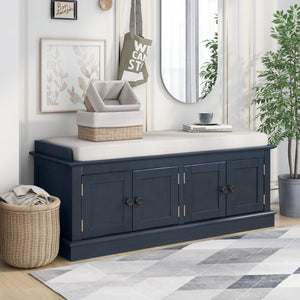 Storage Bench with 4 Doors and Adjustable Shelves, Shoe Bench with Removable Cushion for Living Room