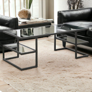 HMS 47\" Black Glass and Steel Coffee Table with Two Shelves Elegant Living Room Furniture for Home Use